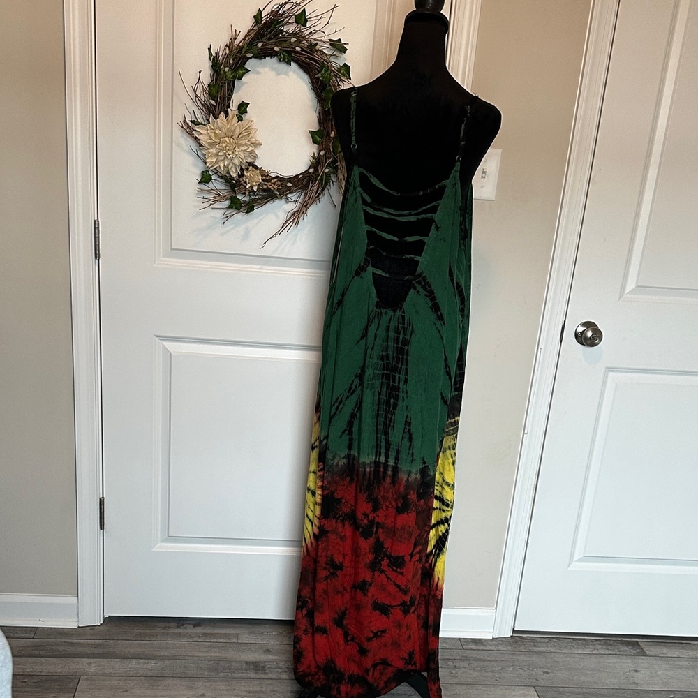 NWT Tie-Dye Maxi Dress in Green, Red, and Yellow - Picture 3 of 6